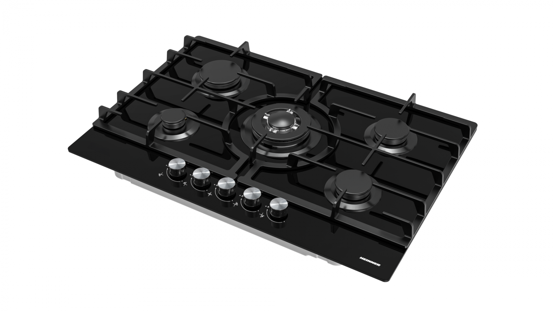 PLITA INCORPORABILA HEINNER HBH-M705IWFGBK, Gaz, 5 arzatoare, Latime 75cm, Gratar fonta, Wok, Aprindere electrica, Sticla neagra - imagine 2