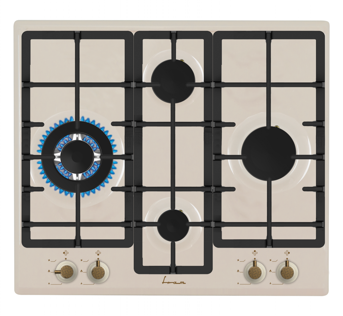 PLITA INCORPORABILA FRAM FBH-S4IWF-RBG, Gaz, 4 arzatoare, Latime 60cm, Wok, Aprindere electrica, Gratar fonta, Duze GPL incluse, Bej