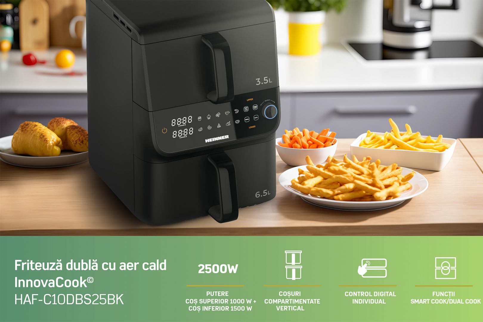 FRITEUZA DUBLA ETAJATA HEINNER INNOVACOOK HAF-C10DBS25BK, Putere 2500W, Capacitate 10L, Control digital, 10 programe, Negru - imagine 8