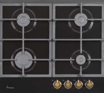 PLITA INCORPORABILA FRAM FBH-S4IWF-GRBK, Gaz, 4 arzatoare, Latime 60cm, Aprindere electrica, Gratar fonta, Duze GPL incluse, Sticla neagra