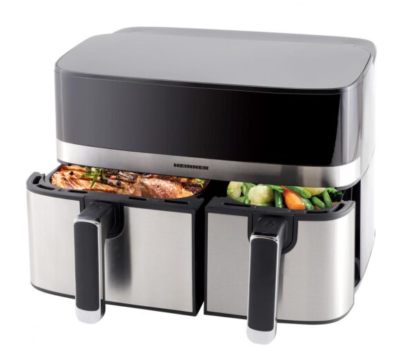 FRITEUZA DUBLA CU AER CALD HEINNER PRODUAL FUSION HAF-H9DB17BKS, Putere 1700W, Capacitate 8.6L, Control digital, 8 programe prestabilite, Gri/Argintiu - imagine 2