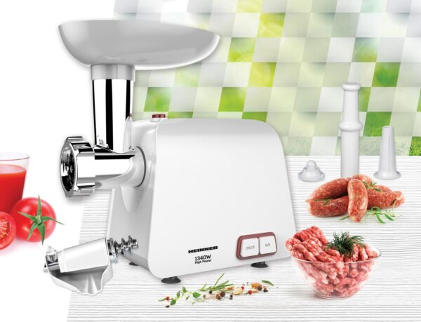 MASINA DE TOCAT HEINNER MG-1340WH, Putere 1340W, 1,2kg/min, Accesoriu de rosii si carnati, Cutit din inox, Functie reverse, 2 site de tăiere, Alb - imagine 2