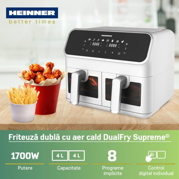 FRITEUZA DUBLA CU AER CALD HEINNER DUALFRY SUPREME HAF-H8DB17WH2400W, Capacitate 8L, Control digital, 8 programe prestabilite, Alb - imagine 4