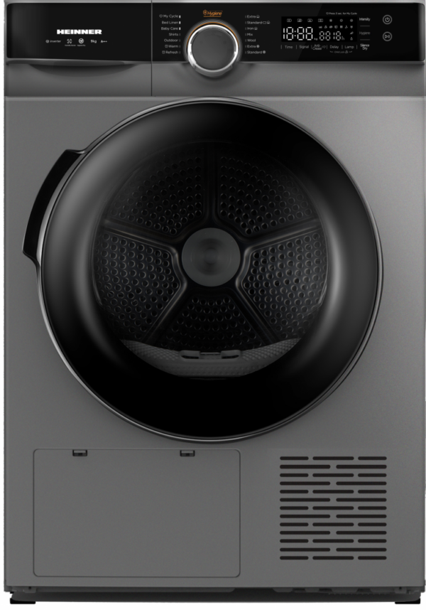 USCATOR DE RUFE CU POMPA DE CALDURA HEINNER HHPD-M9K3SA+++, Clasa A+++, 9Kg, Inverter, 14 programe, Control touch, Argintiu