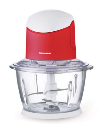 TOCATOR DE LEGUME HEINNER HMC-K500WHR, 500W, 1L, 2 cutite din inox, angrenaj metalic, bol sticla, sistem de siguranta, alb/rosu