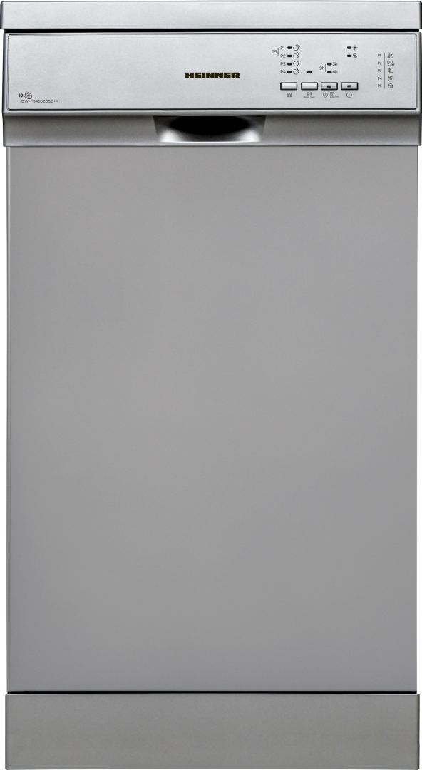 MASINA DE SPALAT VASE HEINNER HDW-FS4552DSE++, Clasa E, 10 seturi, Latime 45cm, 5 programe, Aquastop, Pornire programata, Argintiu