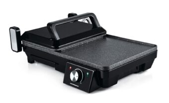 GRILL ELECTRIC HEINNER HEG-F20002P, Putere 2000W, Deschidere 105° si 180°, Invelis marmura anti-adeziv, Negru