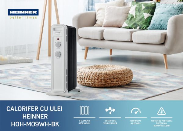 CALORIFER CU ULEI HEINNER HOH-M09WH-BK, 9 elementi, Putere 2000W, 3 setari de temperatura, Termostat ajustabil, Alb/Negru - imagine 5