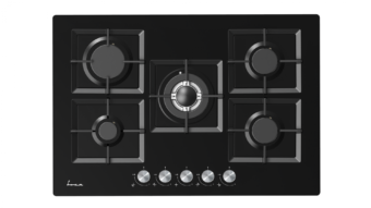 PLITA INCORPORABILA FRAM FBH-M705IWF-GBK, Gaz, 5 arzatoare, Latime 75cm, Gratar fonta, Wok, Aprindere electrica, Sticla neagra