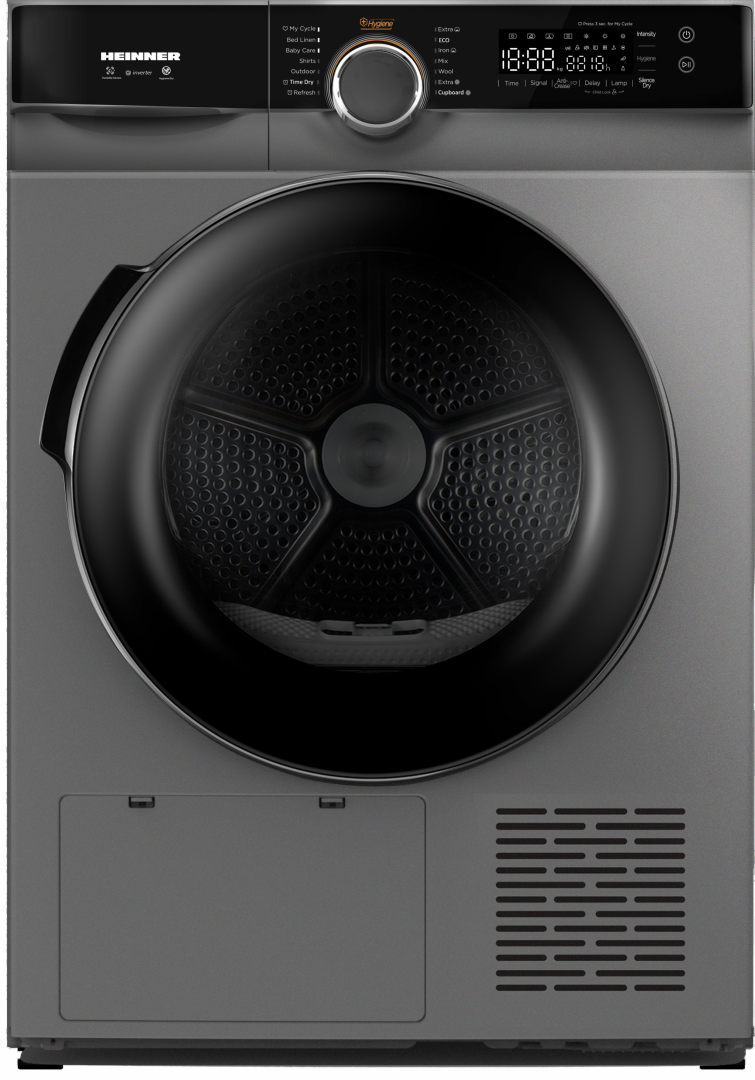 USCATOR DE RUFE CU POMPA DE CALDURA HEINNER HHPD-M9K3SA+++, Clasa C, 9Kg, Inverter, 14 programe, Control touch, Argintiu