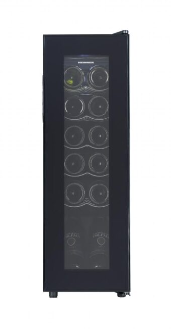 RACITOR DE VINURI HEINNER HRV-A45DRM12, Clasa G, 45L, 12 sticle 750 ml, Display LED, Lumina LED, 5 rafturi metalice, H 84cm, Negru