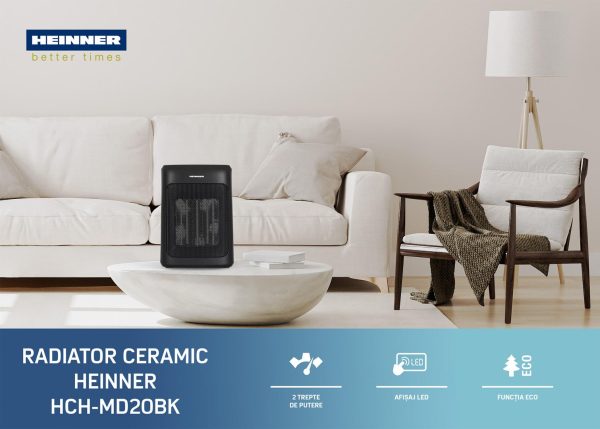 RADIATOR CERAMIC HEINNER HCH-MD20BK, 2 trepte de putere: 1200/2000W, Afisaj LED, Control Touch, Temporizator 24h, Negru - imagine 8