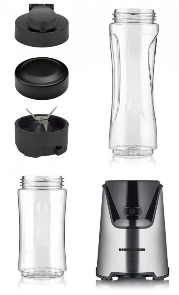BLENDER SPORT HEINNER WELLGO MIX 400 HSB-T400SS, Putere 400W, 19000RPM, Recipiente Tritan fara BPA 600/400ML, Buton ON/OFF, Lame din inox, Carcasa din inox, Argintiu/Negru - imagine 2