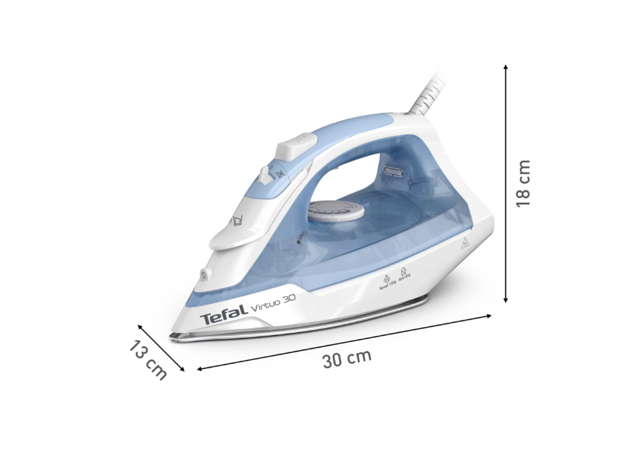 FIER DE CALCAT CU ABUR TEFAL VIRTUO 30 FV2C41E0, Putere 2000W, Capacitate 240ml, Jet de abur 120g/min, Abur variabil 0-25g/min, Talpa ceramica, Albastru/Alb 3 FIER DE CALCAT CU ABUR TEFAL VIRTUO 30 FV2C41E0, Putere 2000W, Capacitate 240ml, Jet de abur 120g/min, Abur variabil 0-25g/min, Talpa ceramica, Albastru/Alb - imagine 3