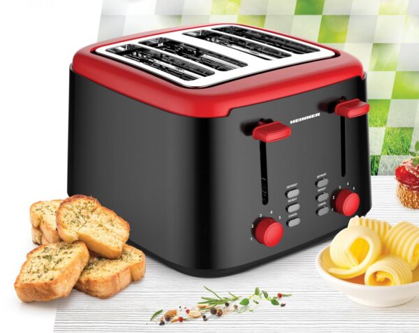 PRAJITOR DE PAINE HEINNER HTP-1450BKR, Putere 1450W, Capacitate 4 felii, 7 niveluri de rumenire, Negru/Rosu - imagine 2