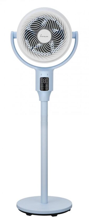 VENTILATOR CU PICIOR FRAM FSF-MAT24DC-BL,  Putere 24W, Compartiment aromaterapie, 5 palete, Turbo, 9 trepte de viteza, Motor DC, Timer, Display LED, Control tactil, Telecomanda, Albastru/Alb