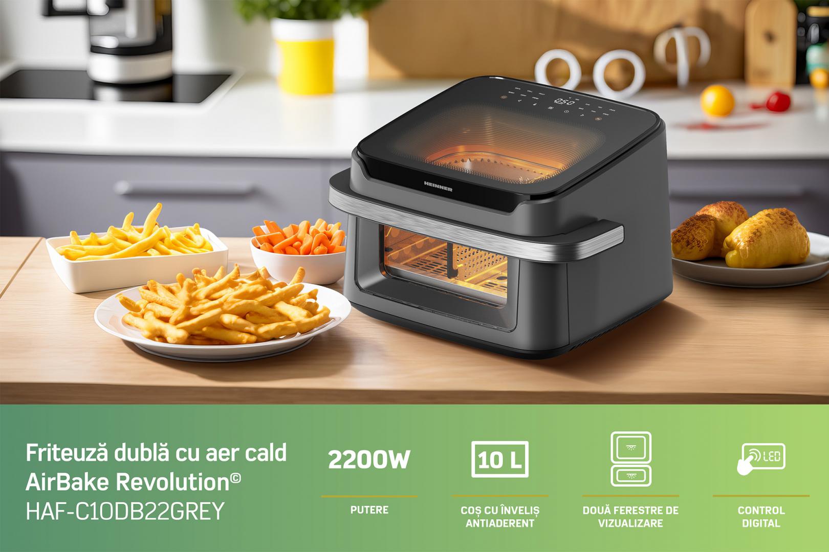 FRITEUZA DUBLA CU AER CALD HEINNER AIRBAKE REVOLUTION HAF-C10DB22GREY, Putere 2200W, Capacitate 10L, Control digital, 12 programe, Gri - imagine 8