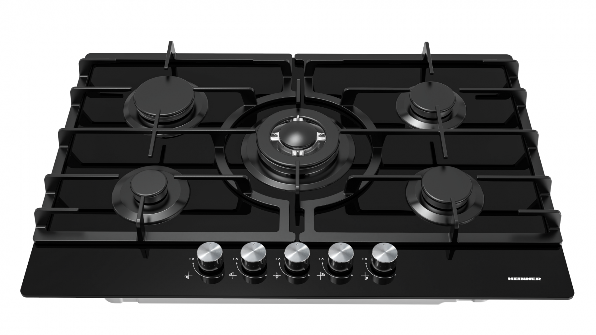 PLITA INCORPORABILA HEINNER HBH-M705IWFGBK, Gaz, 5 arzatoare, Latime 75cm, Gratar fonta, Wok, Aprindere electrica, Sticla neagra - imagine 3